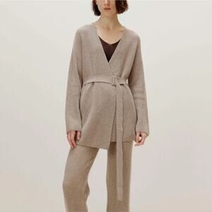 Neiwai V-Neck Wool Cashmere Blend Belted Cardigan Stucco Loose Fit (S) NWT